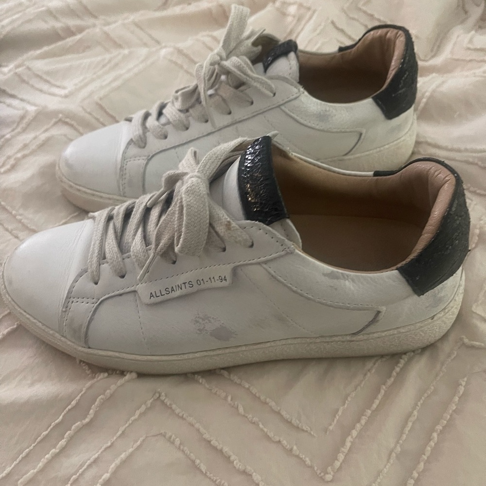 AllSaints distressed white and black metallic sneaker 👟